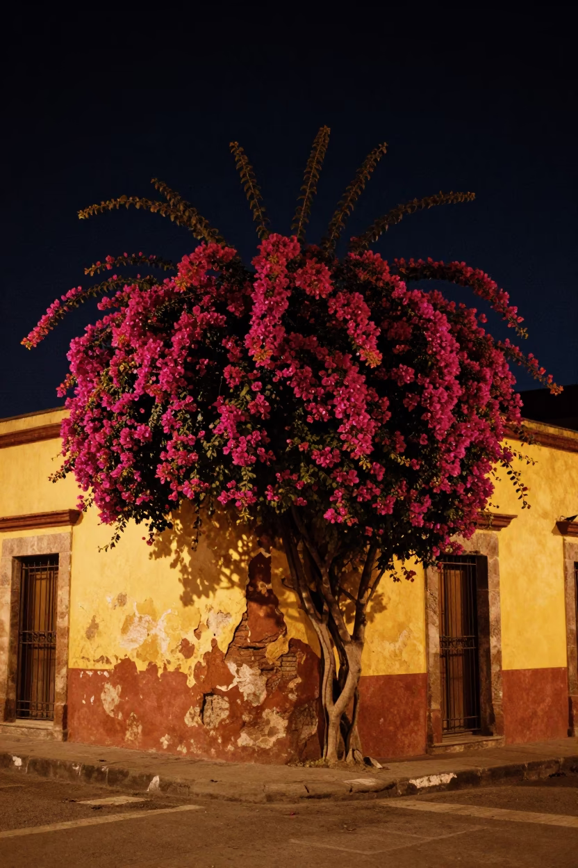 Nighttime Mexico City Street Scene with Bougainvillea and Vintage Elements in in Mexico City, Mexico