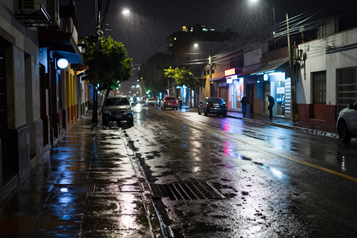Nighttime Mexico City Street Scene with Grease Sheen on Drain and Urban Infrastructure in in Mexico City, Mexico