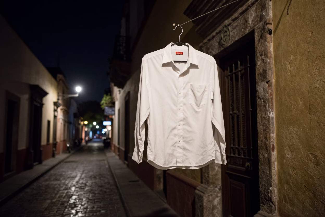 Nighttime Mexico City Street Scene with Hanging Shirts and Vintage Atmosphere in in Mexico City, Mexico