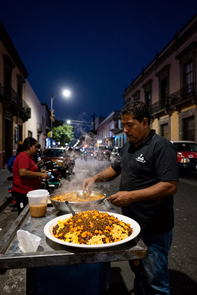 Nighttime Mexico City Street Scene with Koshari Plate and Vintage 1950s Atmosphere in in Mexico City, Mexico