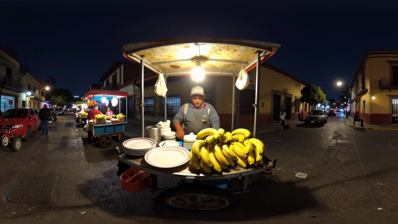 Nighttime Mexico City Street Scene with Plate and Bananas Amidst Urban Life in in Mexico City, Mexico