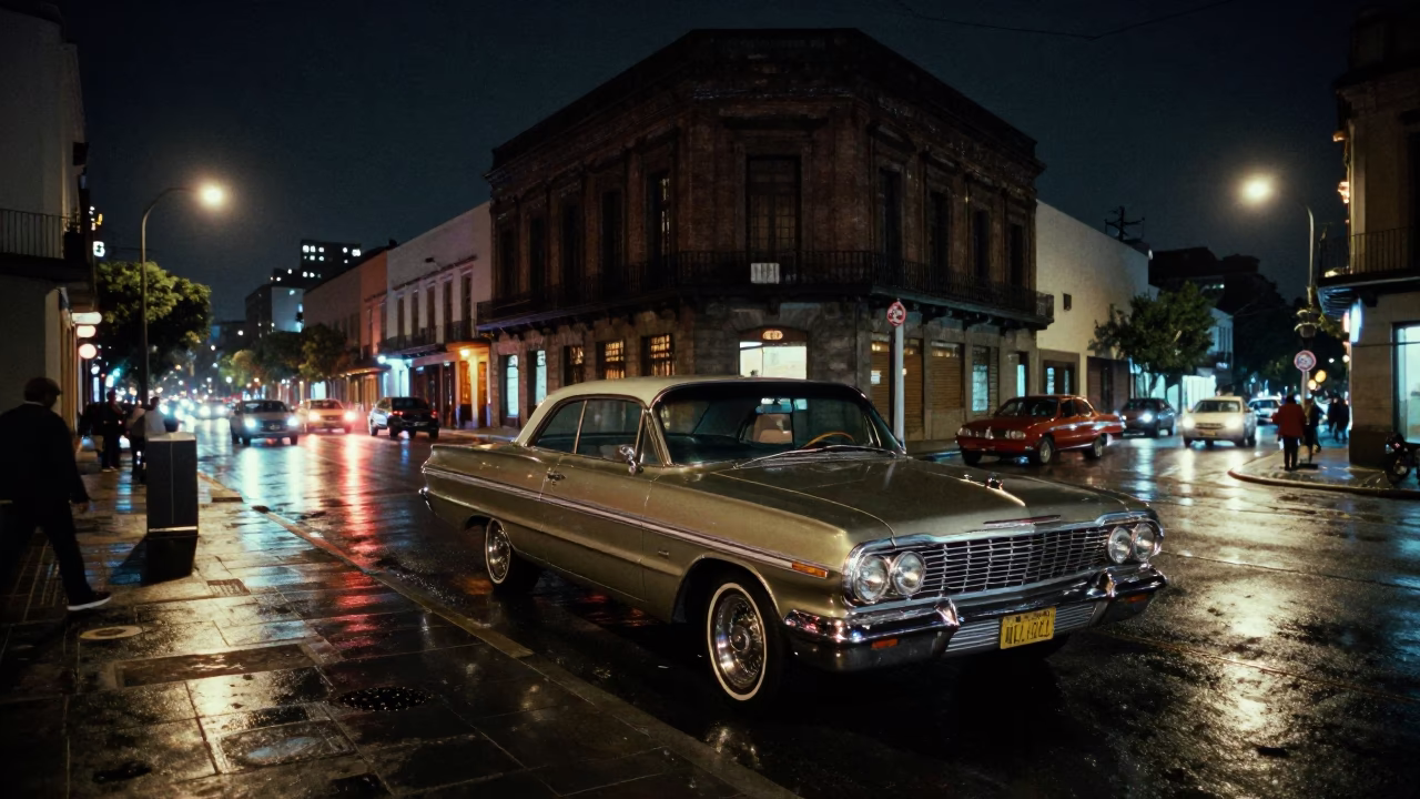 Nighttime Mexico City Street Scene with Vintage Car and Urban Lights in in Mexico City, Mexico