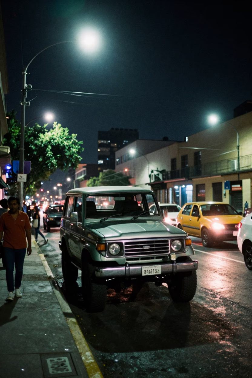 Nighttime Mexico City Street Scene with Vintage Off-Road SUV and Local Interaction in in Mexico City, Mexico
