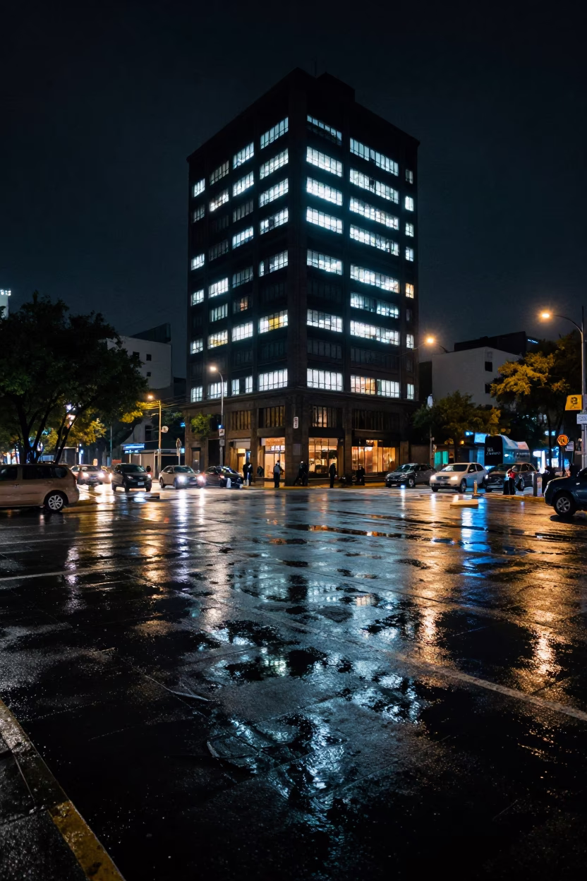 Nighttime Mexico City Street Scene with Wet Pavement Reflections and Hotel Lights in in Mexico City, Mexico