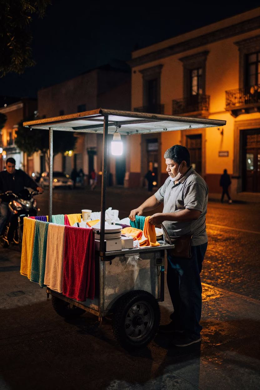 Nighttime Mexico City Street Vendor with Rolling Carts and Drying Towels in in Mexico City, Mexico