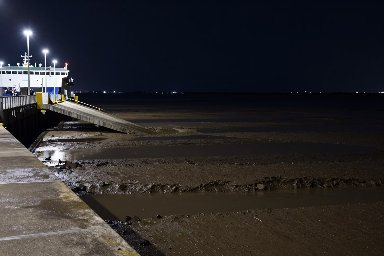 Nighttime Miami Florida Ferry Ramp Piling System at Low Tide with Neon Reflections in in Miami, Florida, United States