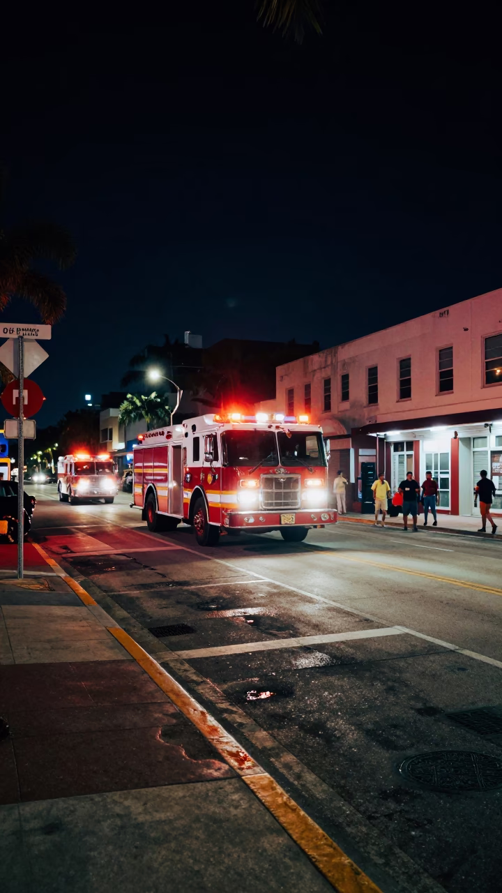 Nighttime Miami Street Scene with Fire Engine and Urban Details in in Miami, Florida, United States