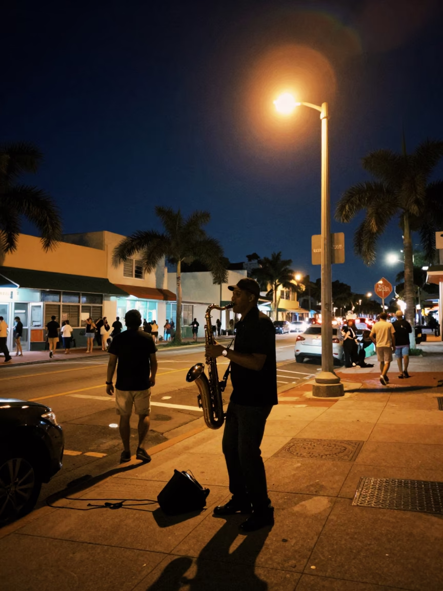Nighttime Miami Street Scene with Jazz Musician and Local Diners in in Miami, Florida, United States
