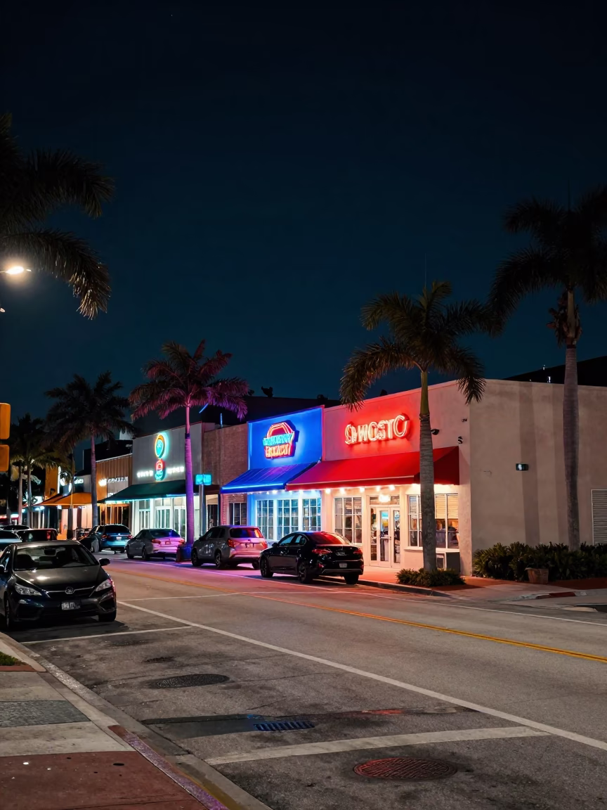 Nighttime Miami Street Scene with Neon Lights and Parked Cars in in Miami, Florida, United States