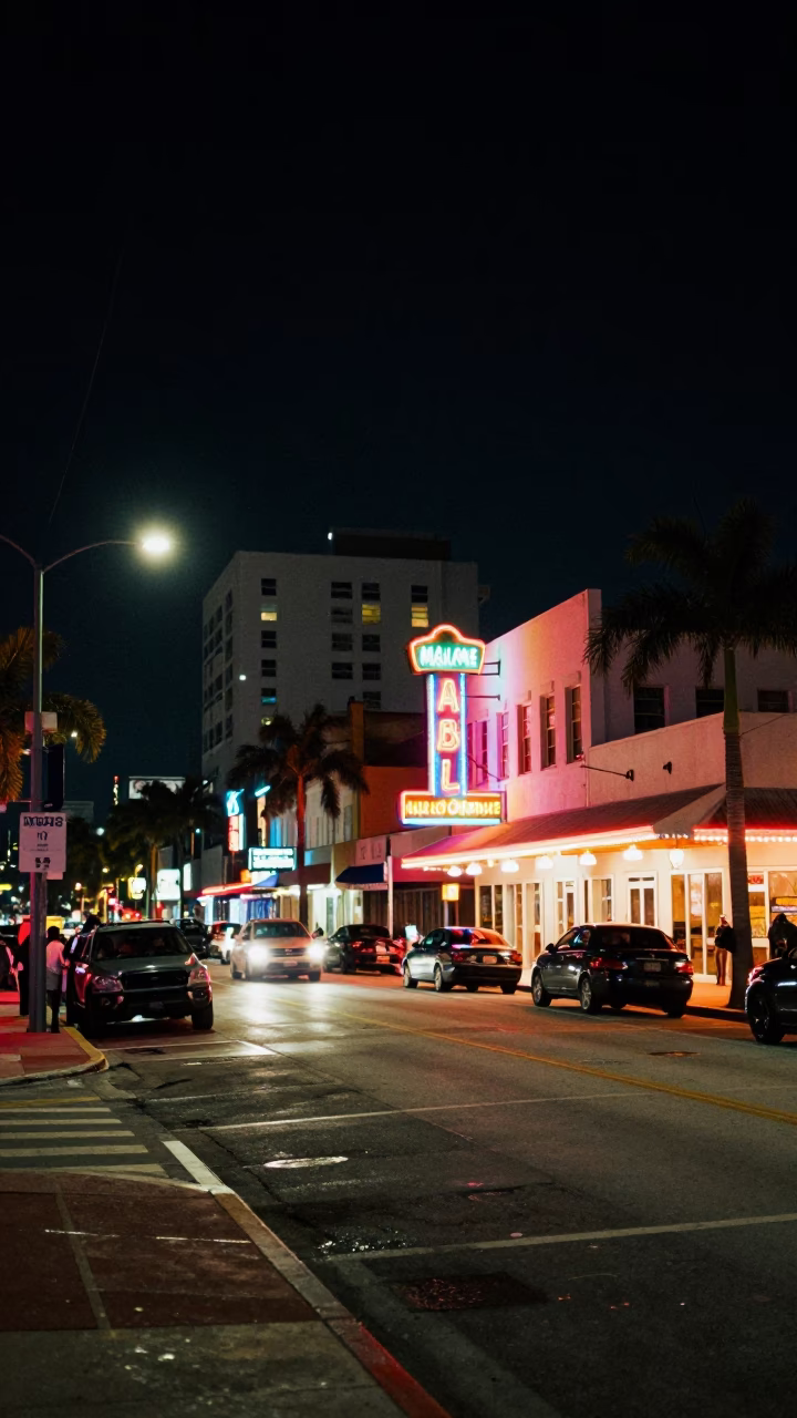 Nighttime Miami Street Scene with Neon Lights and Urban Activity in in Miami, Florida, United States