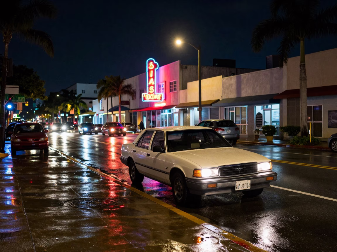 Nighttime Miami Street Scene with Neon Signs and Wet Pavement Reflections in in Miami, Florida, United States