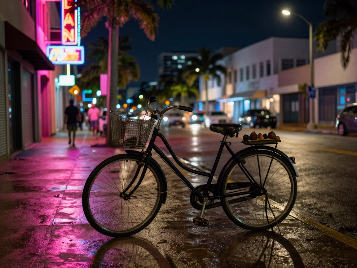 Nighttime Miami Street Scene with Vintage Bicycle and Fig Tree Fruit in in Miami, Florida, United States