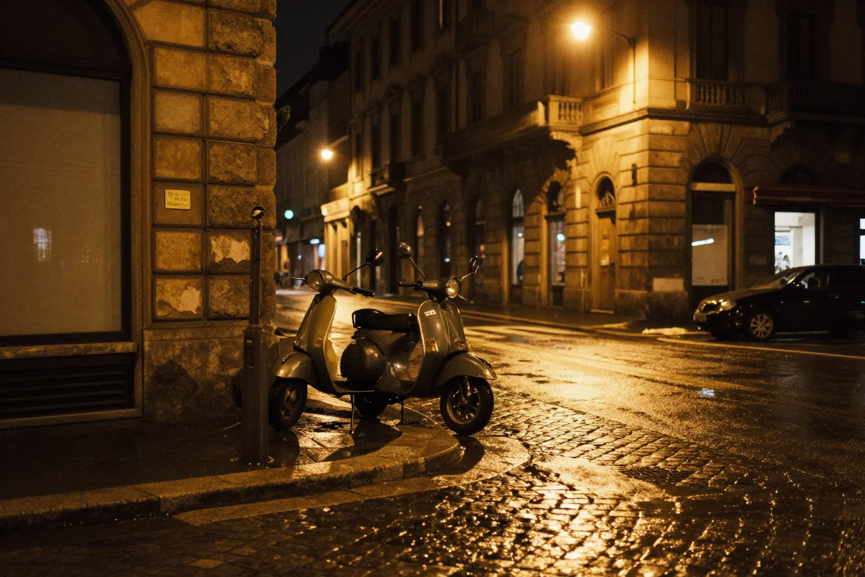 Nighttime Milan Street Corner with Vintage Scooter and Urban Details in in Milan, Italy