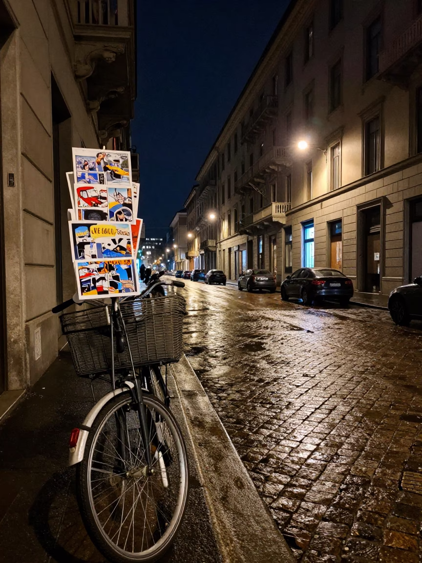 Nighttime Milan Street Scene with Bicycle Basket and Postcards Under Deep Sky in in Milan, Italy
