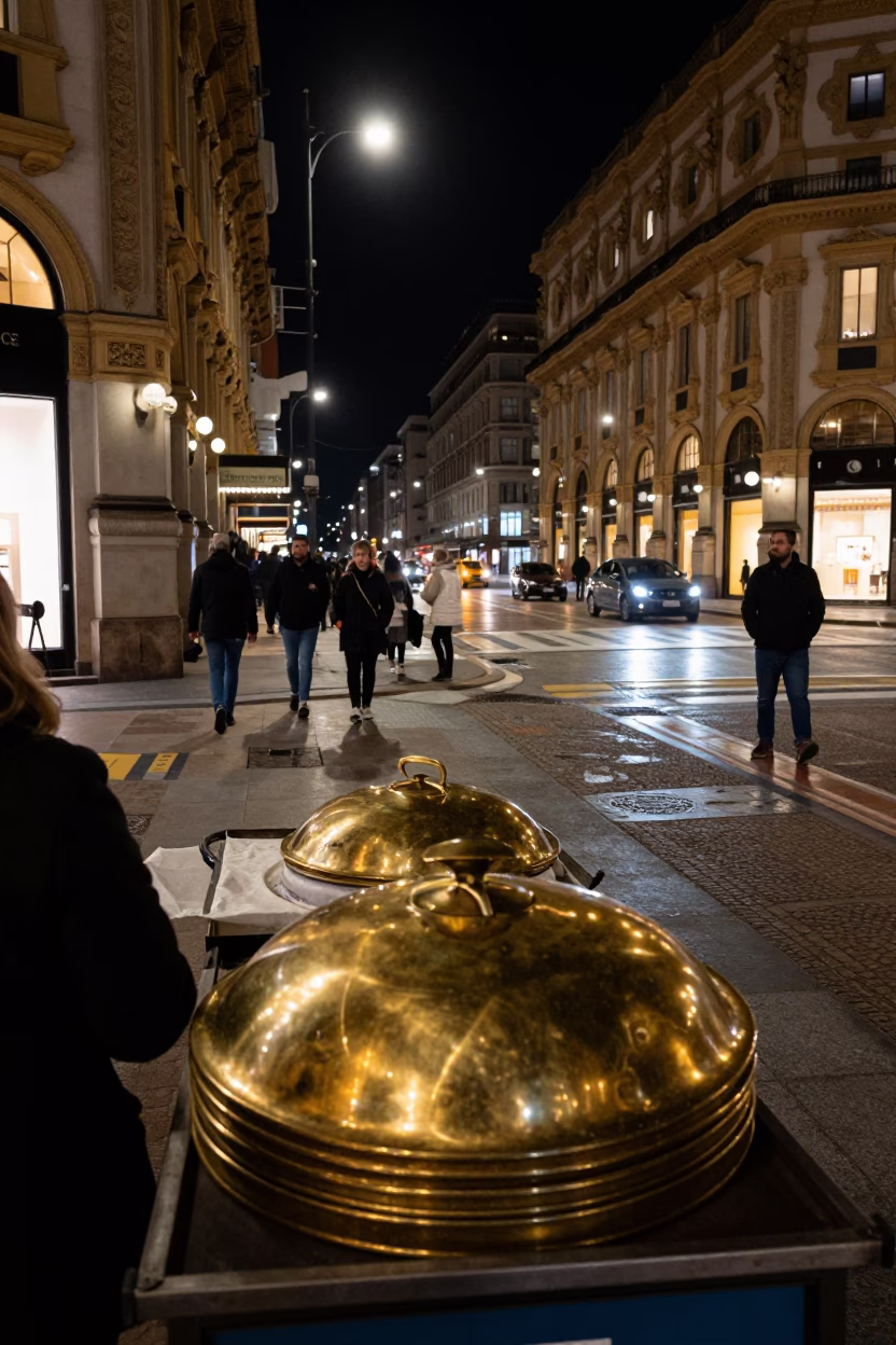 Nighttime Milan Street Scene with Brass Pot Lid and Vintage Car Reflections in in Milan, Italy
