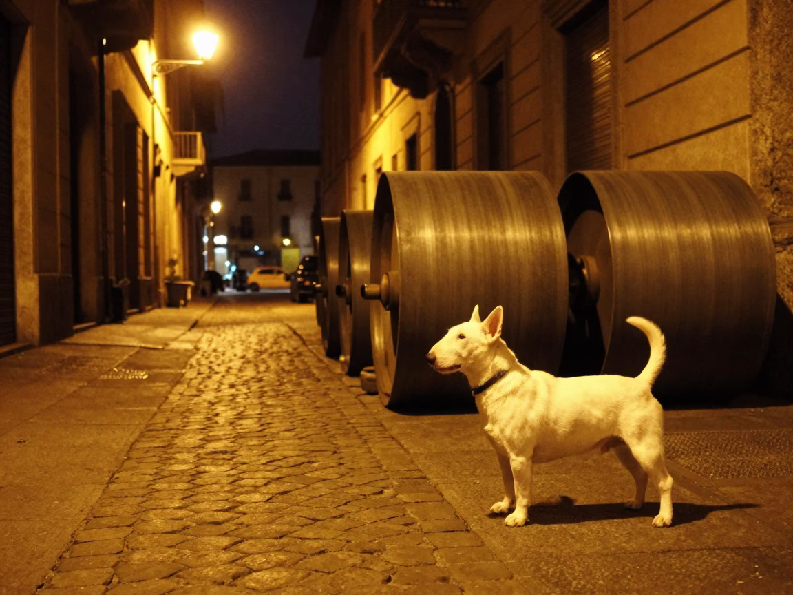 Nighttime Milan Street Scene with Bull Terrier and Rolling Carts in in Milan, Italy
