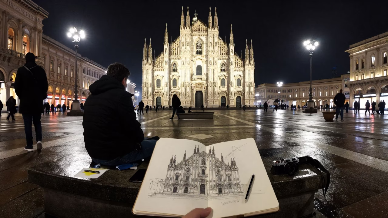 Nighttime Milan Street Scene with Charcoal Sketchbook and Charm Bracelet in in Milan, Italy