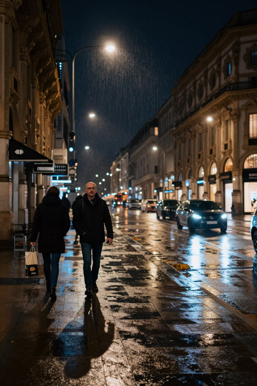 Nighttime Milan Street Scene with Condensation and Coffee Tin in in Milan, Italy