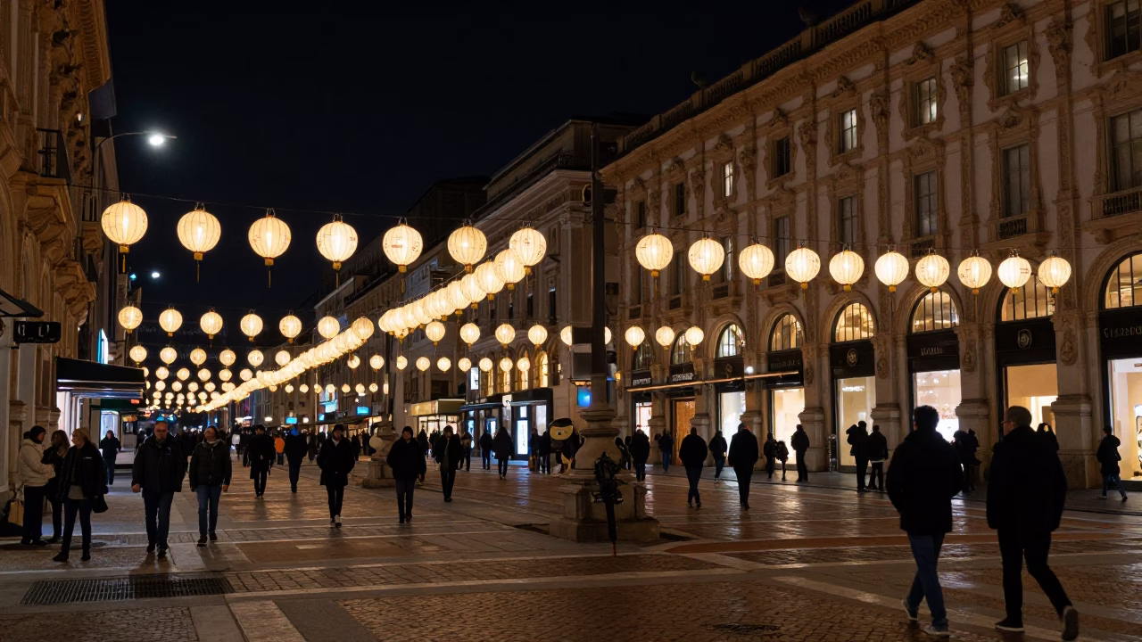 Nighttime Milan Street Scene with Lantern Festival Lights and Urban Details in in Milan, Italy