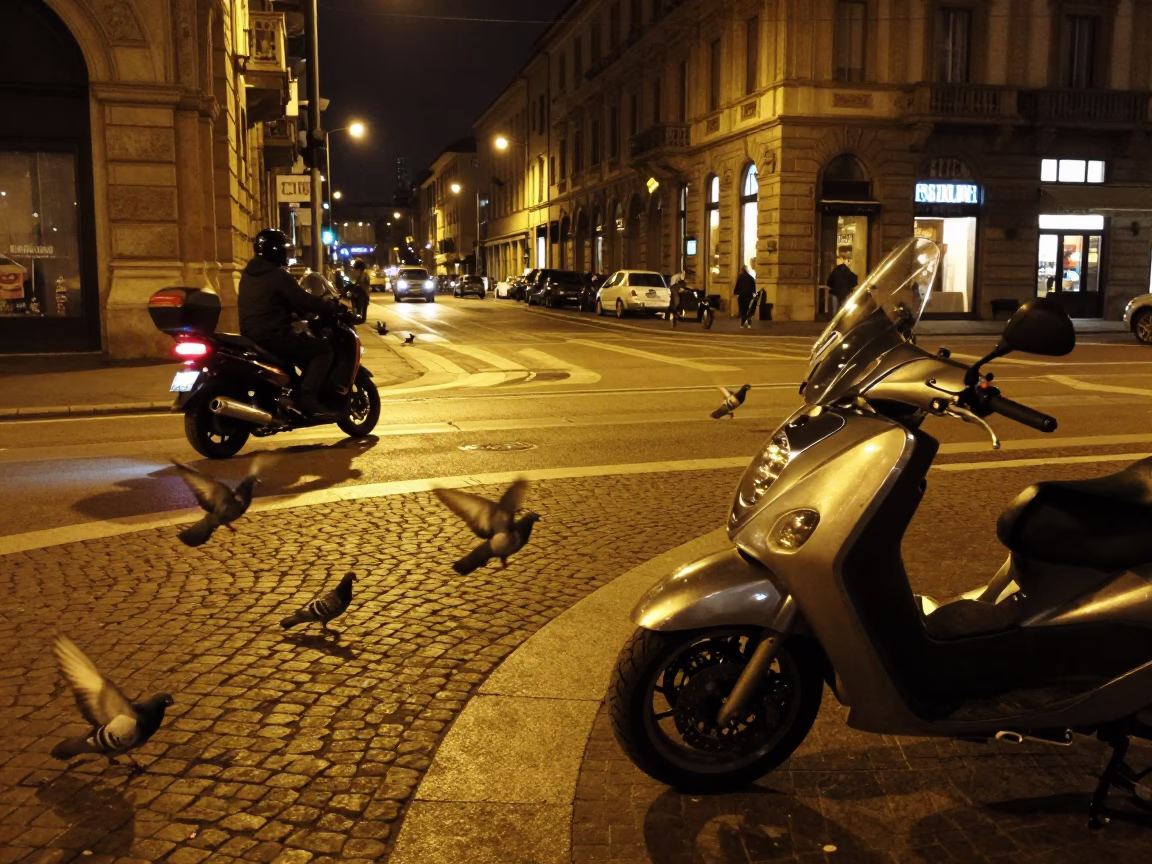 Nighttime Milan Street Scene with Motorcyclist and Urban Details in in Milan, Italy