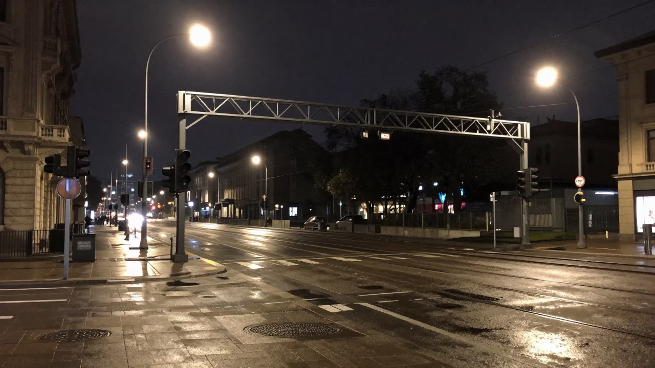 Nighttime Milan Street Scene with Signal Gantry and Rail Lines in in Milan, Italy
