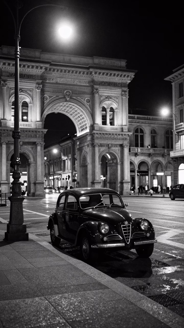 Nighttime Milan Street Scene with Vintage Car and Illuminated Archway in in Milan, Italy