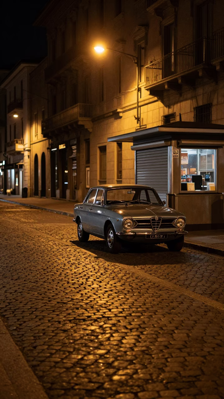 Nighttime Milan Street Scene with Vintage Car and Urban Details in in Milan, Italy
