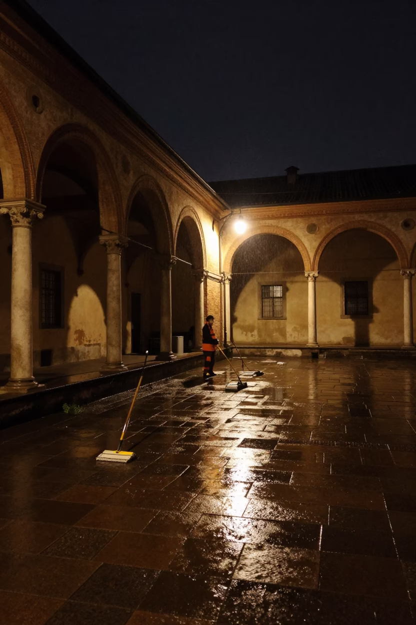 Nighttime Milan University Cloister Wet Flagstones and Mops After Rain in in Milan, Italy