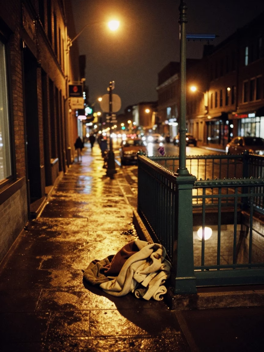 Nighttime Montreal Street Scene with Blankets and Loom Shuttle in Quebec Canada in in Montreal, Quebec, Canada