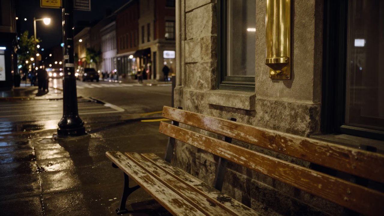 Nighttime Montreal Street Scene with Brass Fixtures and Wet Pavement Reflections in in Montreal, Quebec, Canada