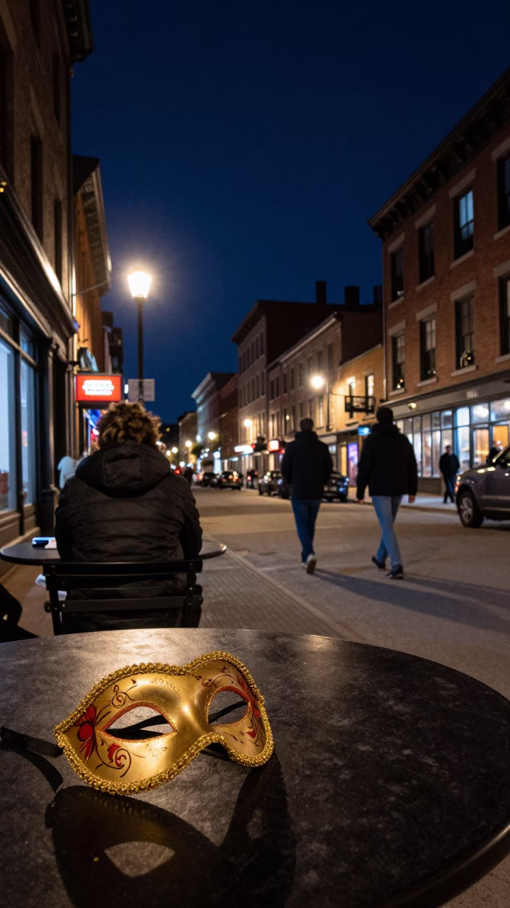 Nighttime Montreal Street Scene with Carnival Mask and Local Interaction in in Montreal, Quebec, Canada