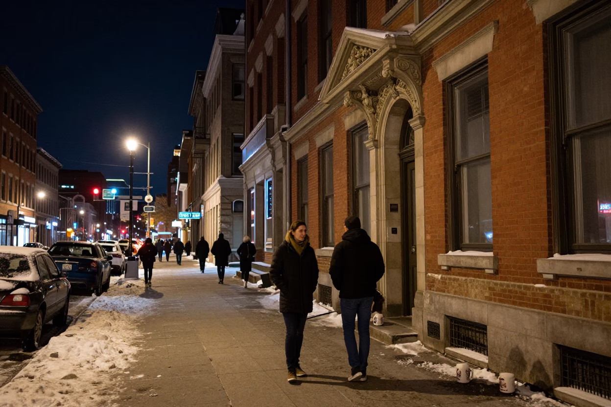 Nighttime Montreal Street Scene with Ceramic Mugs and Urban Architecture in in Montreal, Quebec, Canada