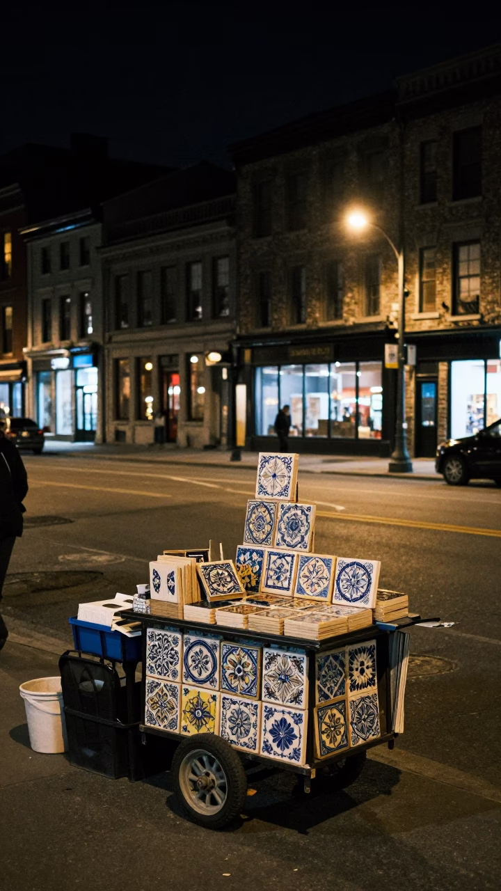 Nighttime Montreal Street Scene with Ceramic Tiles and Glass Cloche Display in in Montreal, Quebec, Canada