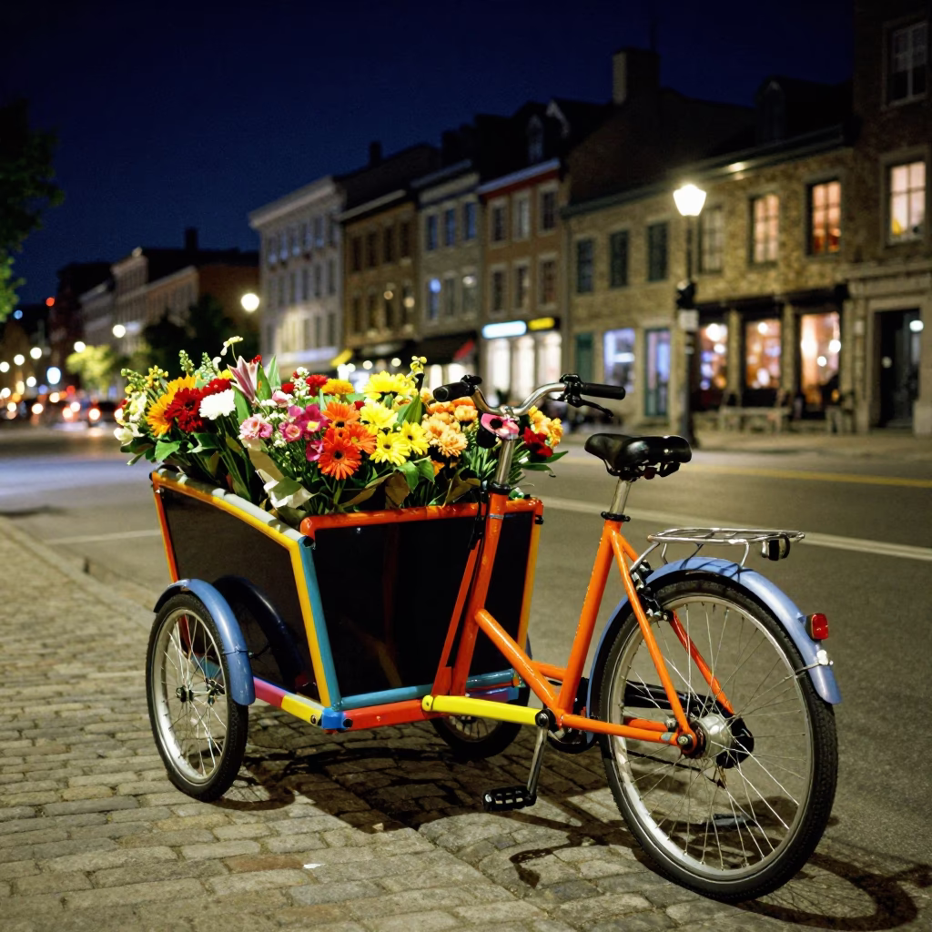Nighttime Montreal Street Scene with Colorful Cargo Bicycle and Urban Life in in Montreal, Quebec, Canada