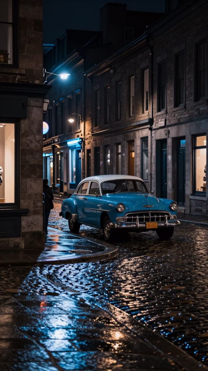 Nighttime Montreal Street Scene with Neon Reflections and Urban Details in in Montreal, Quebec, Canada