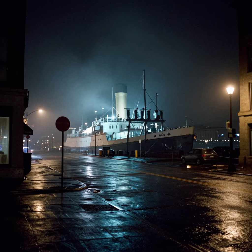 Nighttime Montreal Street Scene with Steamship Fog and Substation Glow in Quebec in in Montreal, Quebec, Canada