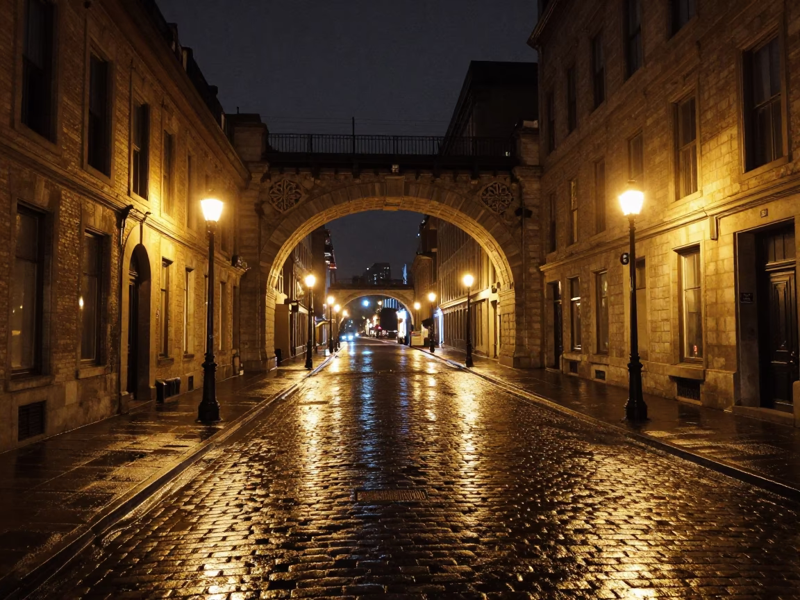Nighttime Montreal Street Scene with Viaduct Arch and Dripping Stone Undercroft in Quebec in in Montreal, Quebec, Canada