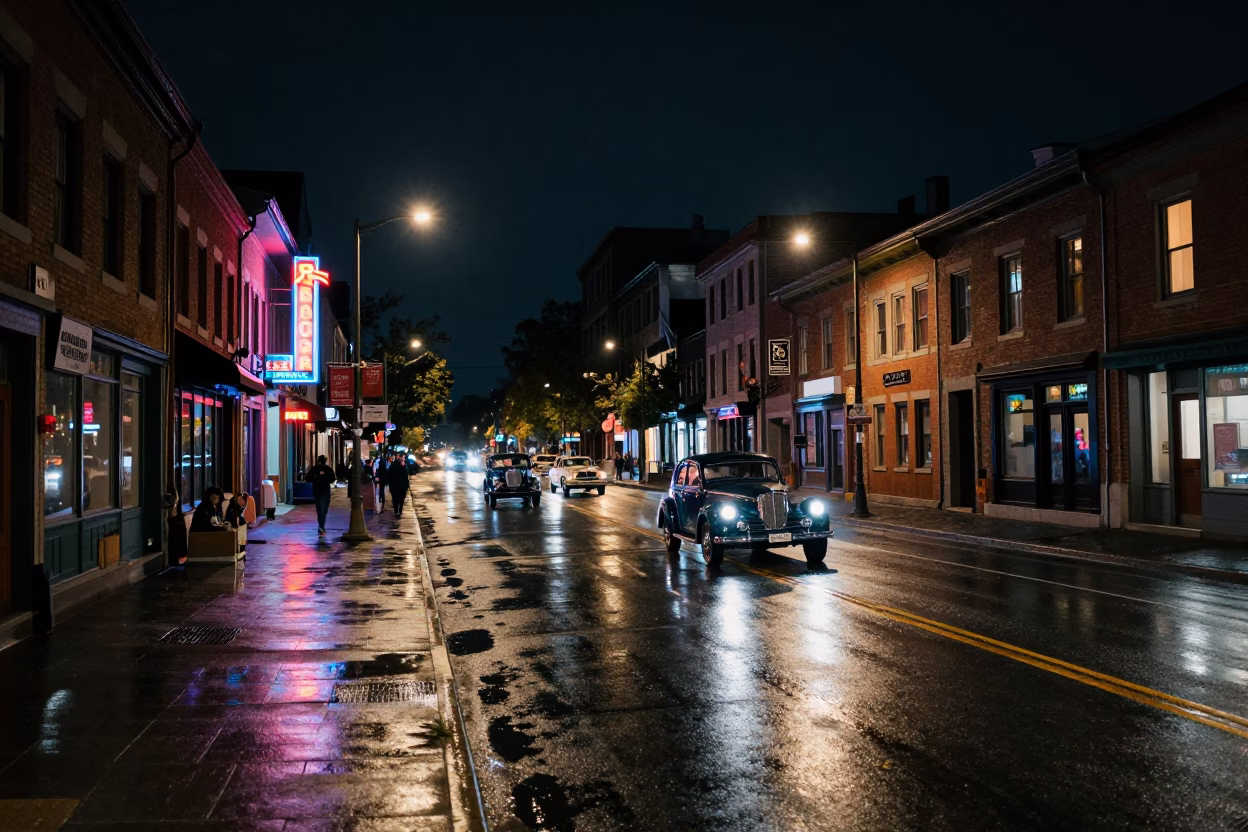 Nighttime Montreal Street Scene with Vintage Car Rally and Drawbridge Markings in in Montreal, Quebec, Canada