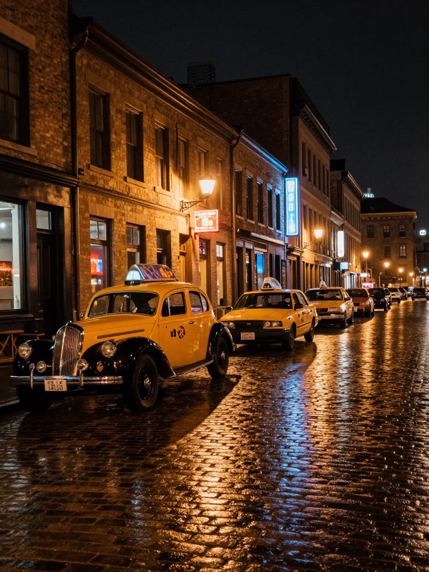 Nighttime Montreal Street Scene with Vintage Cars and Neon Reflections in in Montreal, Quebec, Canada