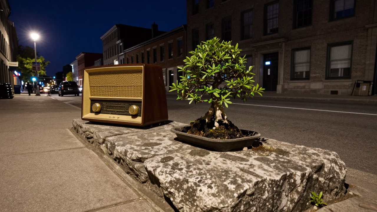 Nighttime Montreal Street Scene with Vintage Radio and Stone Slab Under Deep Sky in in Montreal, Quebec, Canada