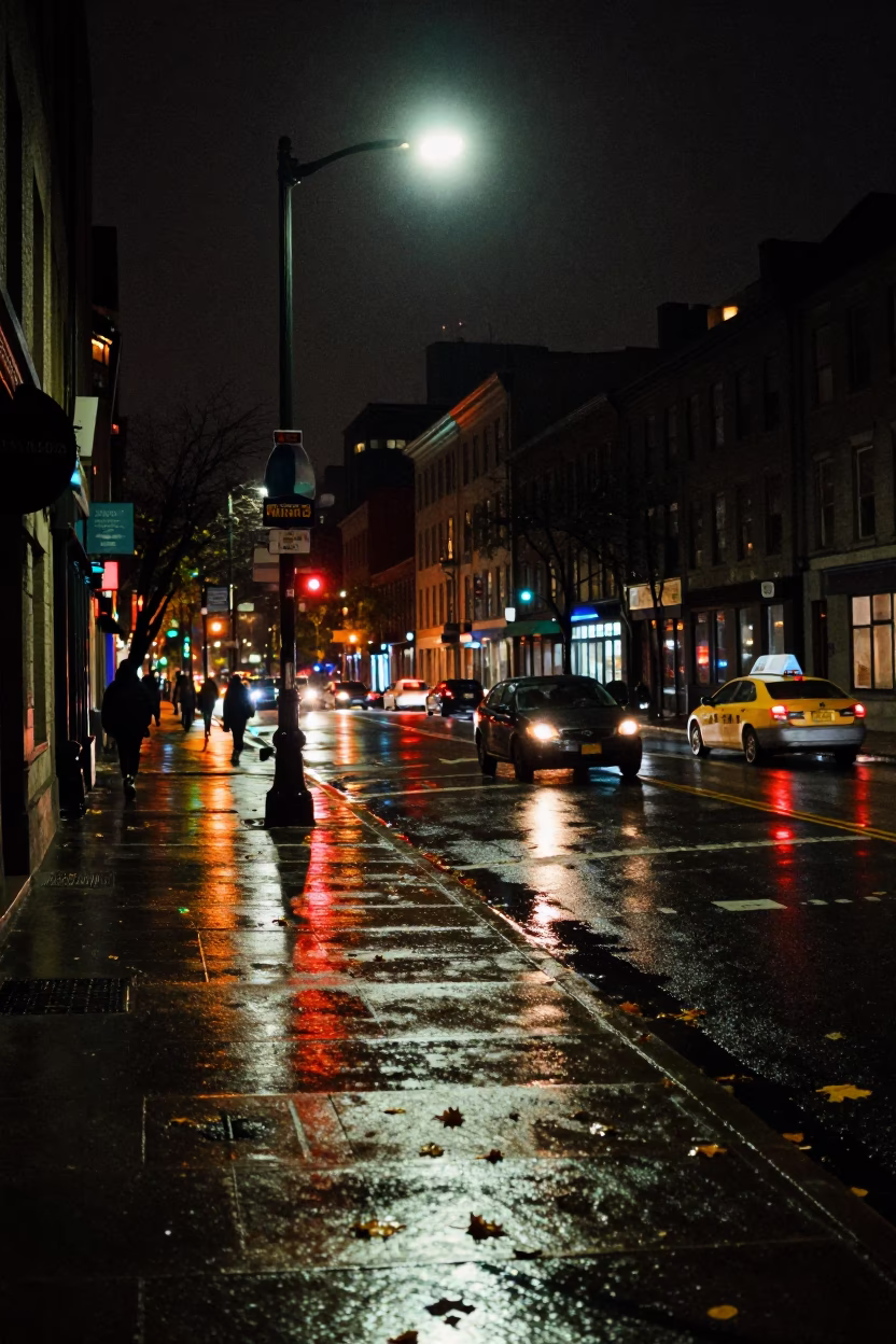 Nighttime Montreal Street Scene with Wet Leaves and Urban Details in in Montreal, Quebec, Canada