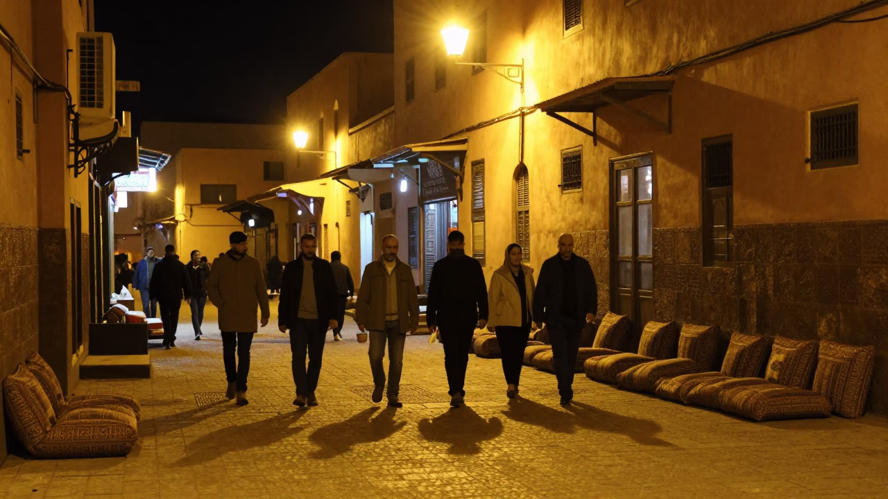 Nighttime Moroccan Street Scene in Marrakech with Traditional Cushions and Warm Lighting in in Marrakech, Morocco