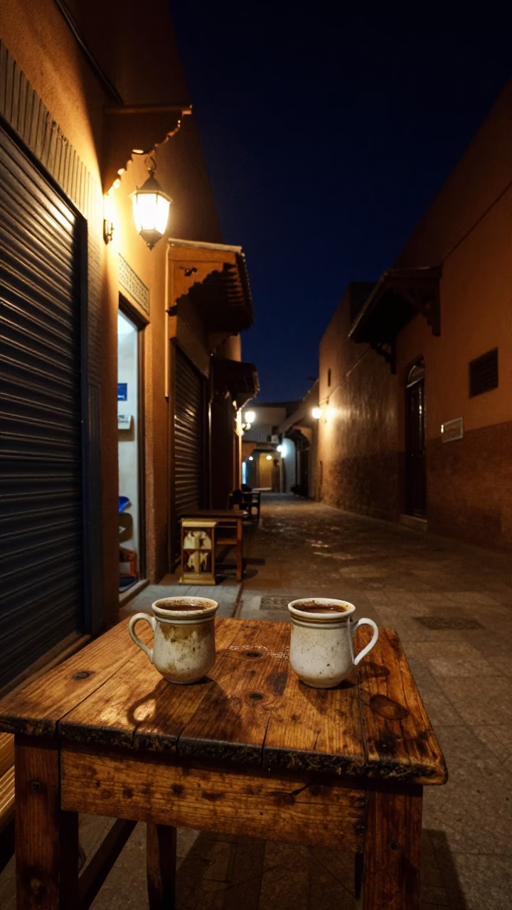 Nighttime Moroccan Street Scene with Coffee Mugs in Marrakech in in Marrakech, Morocco
