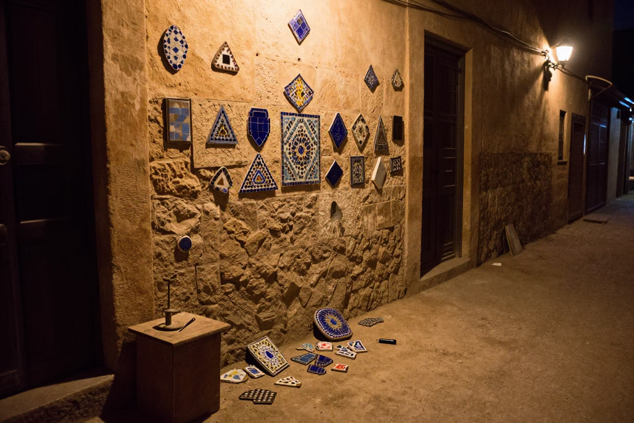Nighttime Moroccan Street Scene with Mosaic Tile Fragments and Fountain Pen in in Marrakech, Morocco
