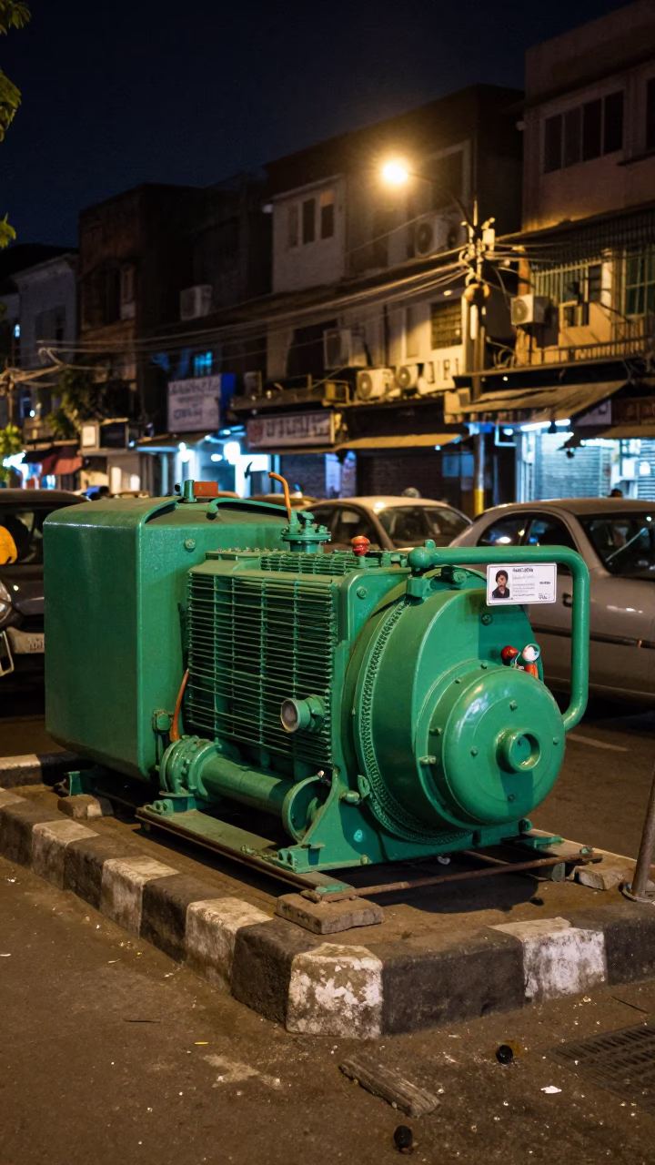 Nighttime Mumbai Sewage Pumping Station Green Pumps Street Scene in in Mumbai, India