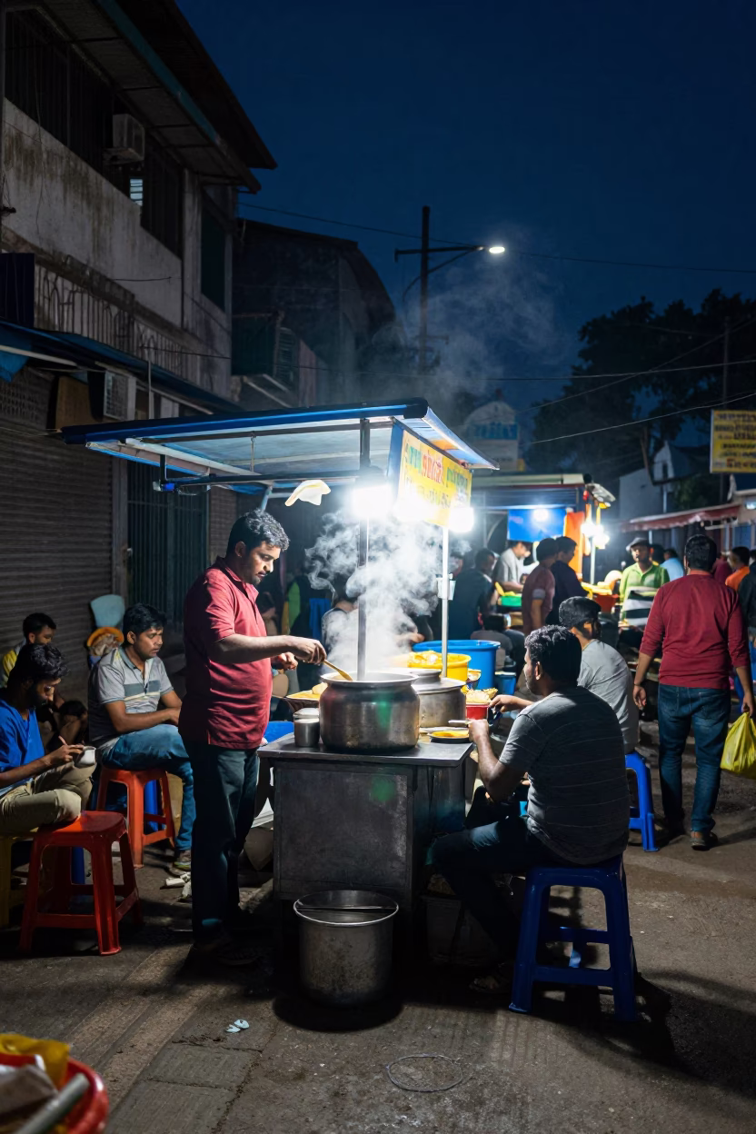 Nighttime Mumbai Street Food Stall With Steam And Neon Lights in in Mumbai, India