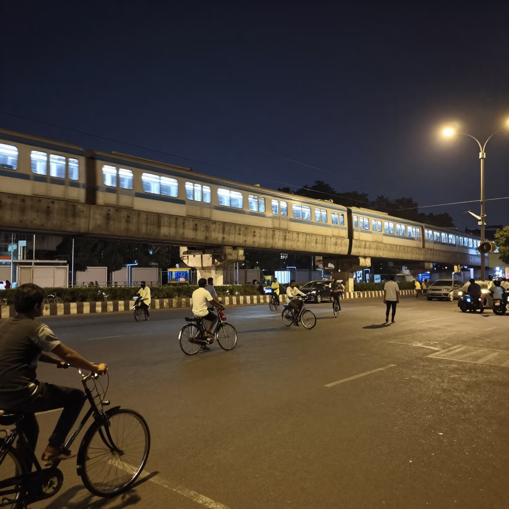Nighttime Mumbai Street Scene with Monorail and Bicycles in in Mumbai, India