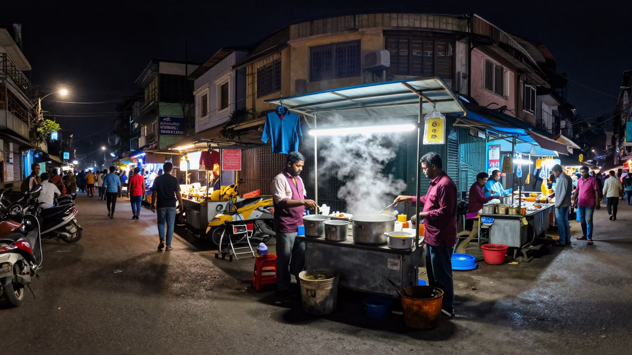 Nighttime Mumbai Street Scene with Shirt Hanger and Local Vendor Stall in in Mumbai, India
