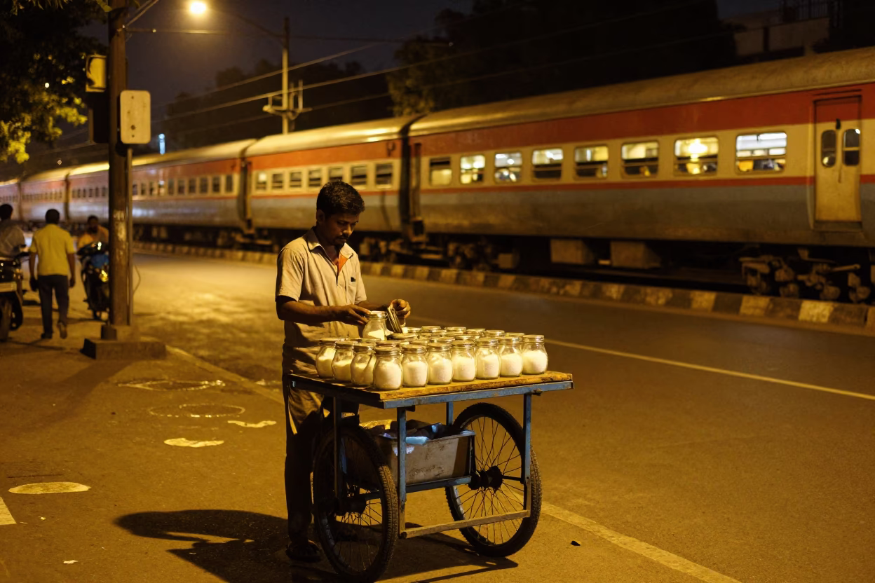 Nighttime Mumbai street scene with sleeper train crossing bridge in background in in Mumbai, India