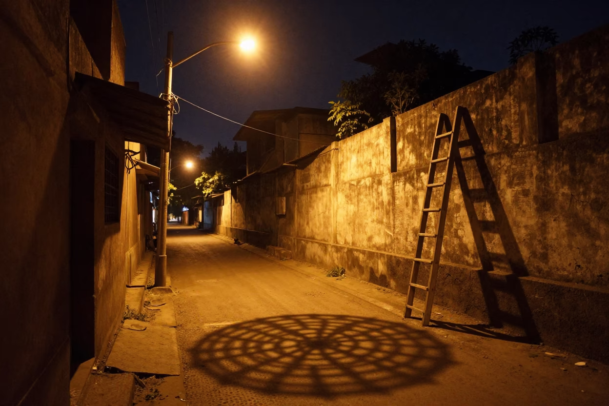 Nighttime Mumbai Street Scene with Wicker Shadow and Wooden Ladder in in Mumbai, India